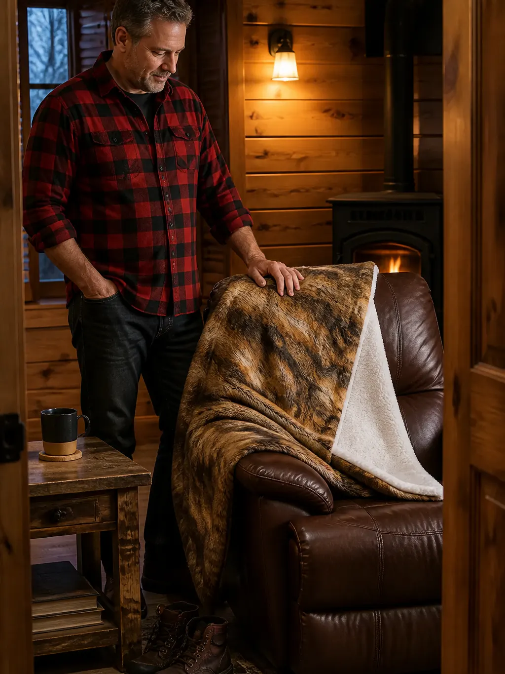 The throw draped over a recliner in a cabin-styled den
