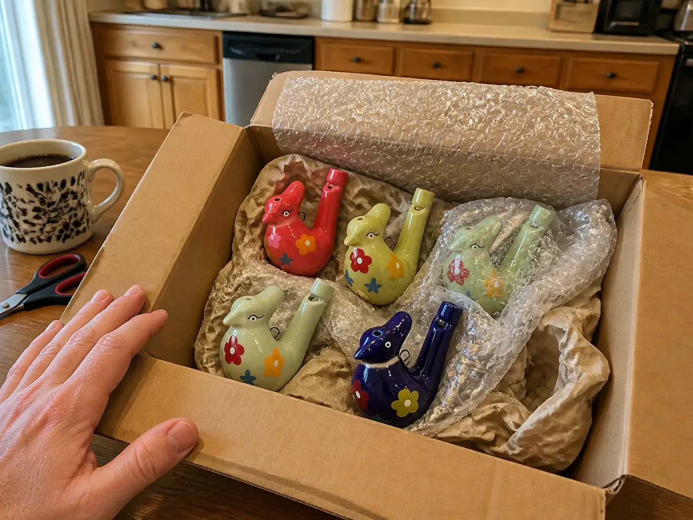 The ceramic bird nested intact inside its protective packaging
