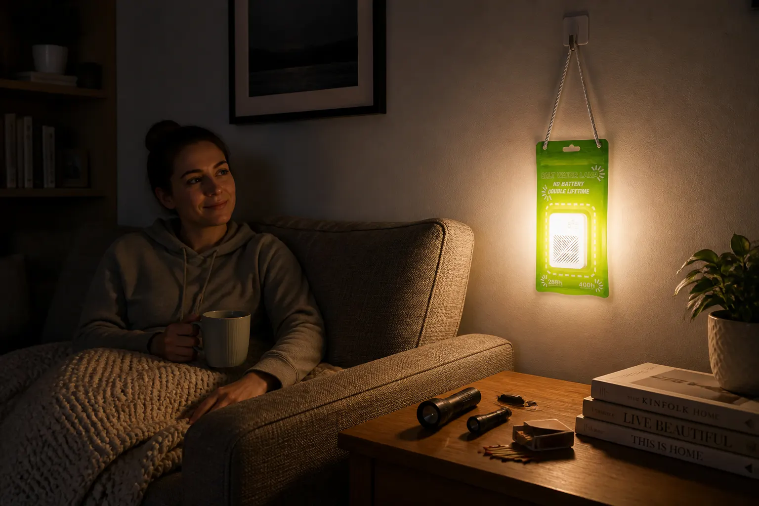 Ventra saltwater lantern glowing in a dark room during a power outage