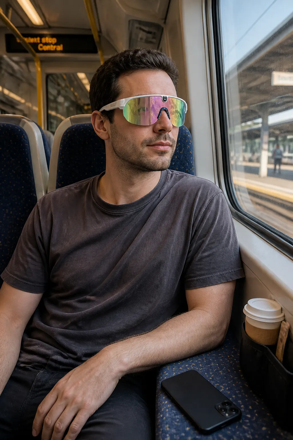Ventra AI smart glasses worn outdoors, tapping the temple arm to capture POV