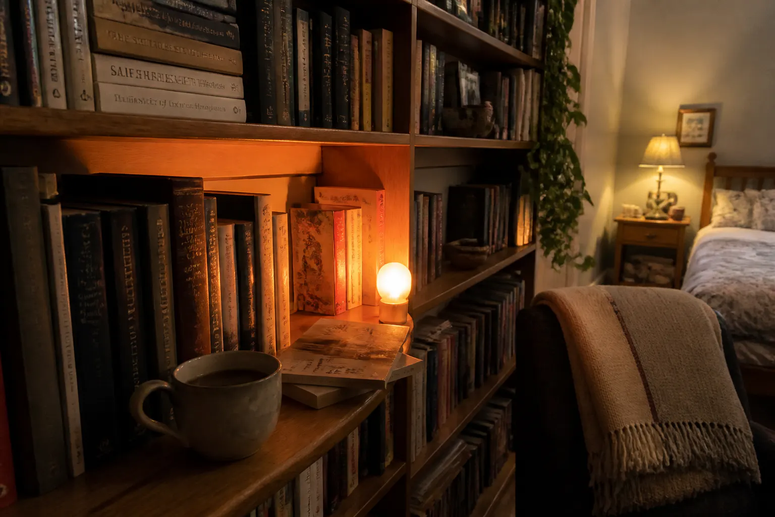 The lantern glowing on a book lover's cozy dark-academia reading nook shelf