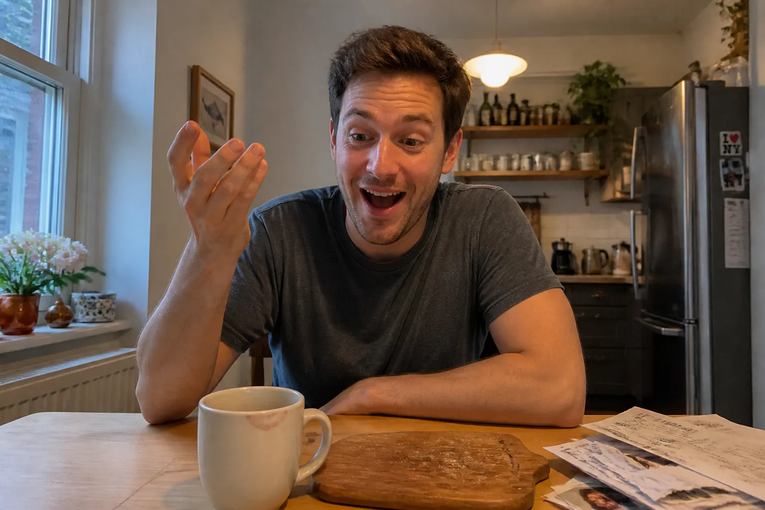 Someone across the table doing a double-take at the face mug