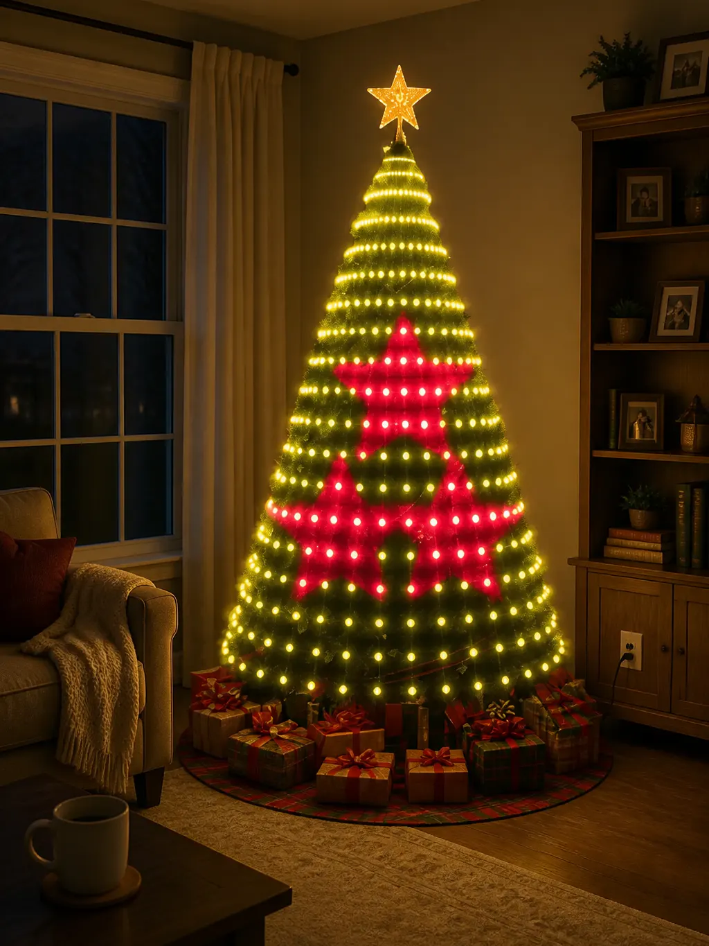 Christmas tree draped with the Ventra TreeFlow waterfall lights, glowing at night