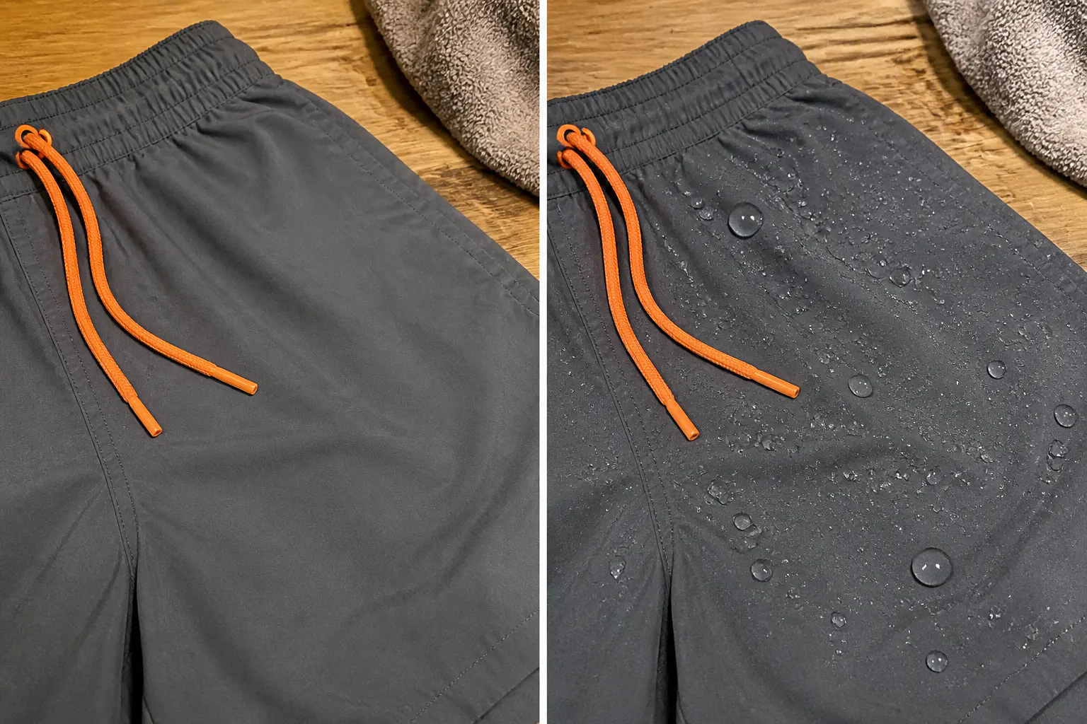 Swim trunk fabric shown wet and dry, staying fully opaque