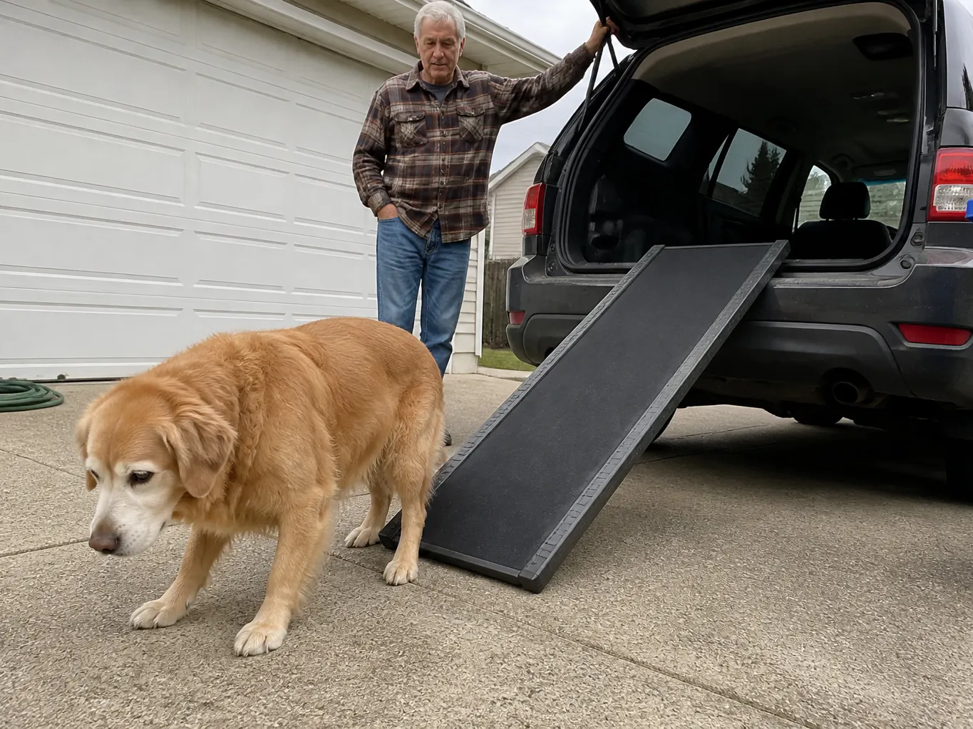 Dog hesitating at a ramp vs confidently on stairs