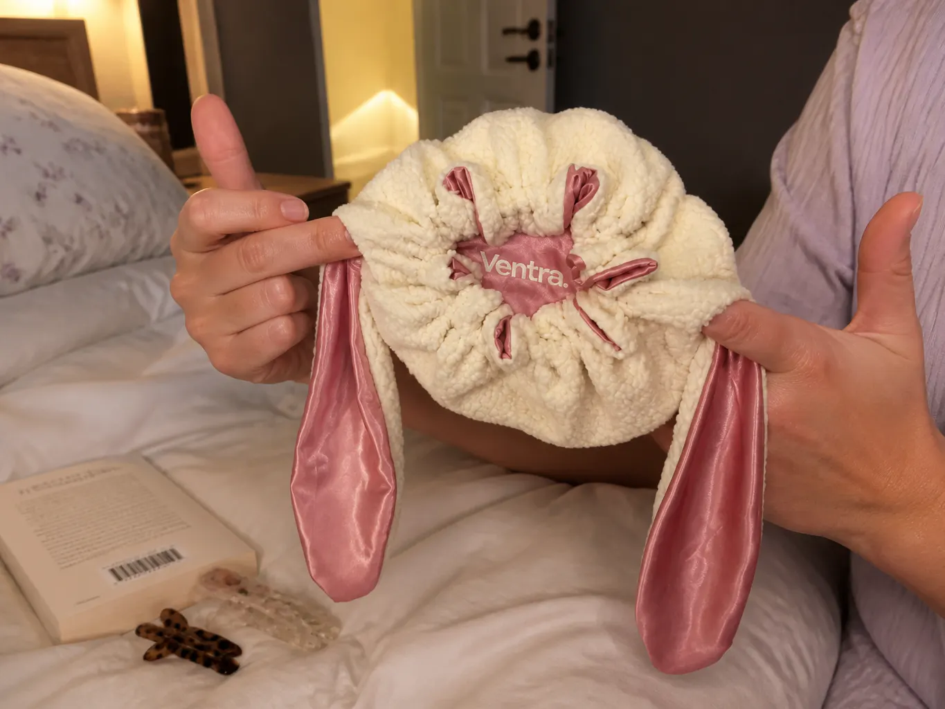 Two hands stretching the gathered elasticated band open