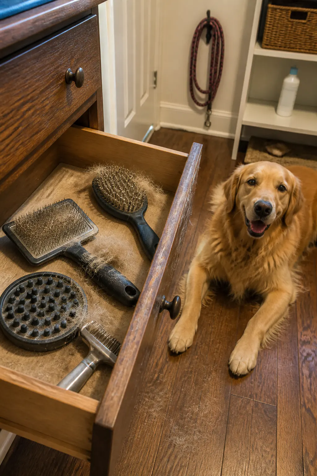 An animal in the middle of shedding season, loose hair drifting off its coat and gathered on the floor