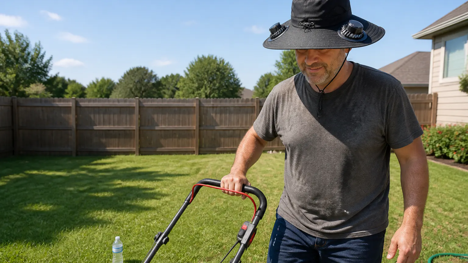 Wearer working outdoors in midday sun with both BreezeBrim brim fans spinning