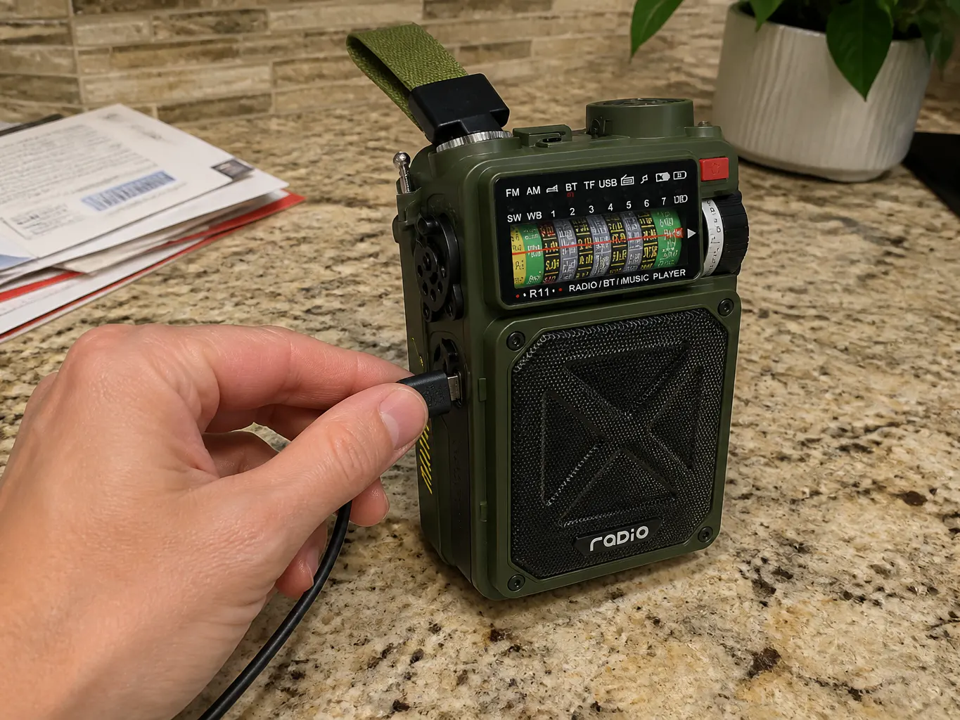 Radio charging via USB from an outlet