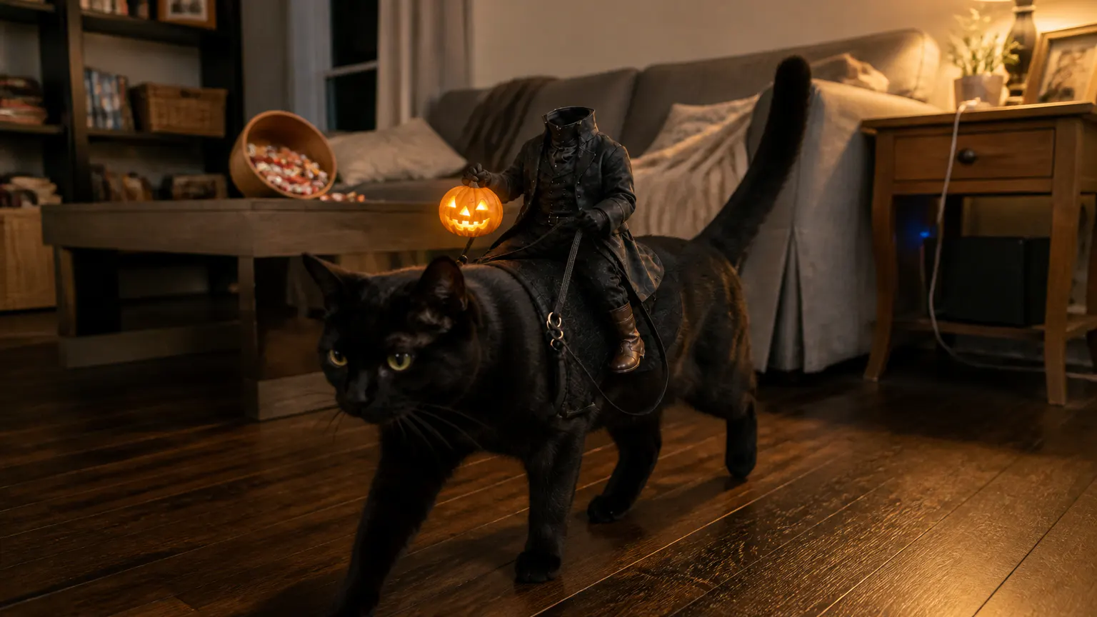 Cat mid-stride on a dark floor with the headless rider upright and the jack-o'-lantern glowing