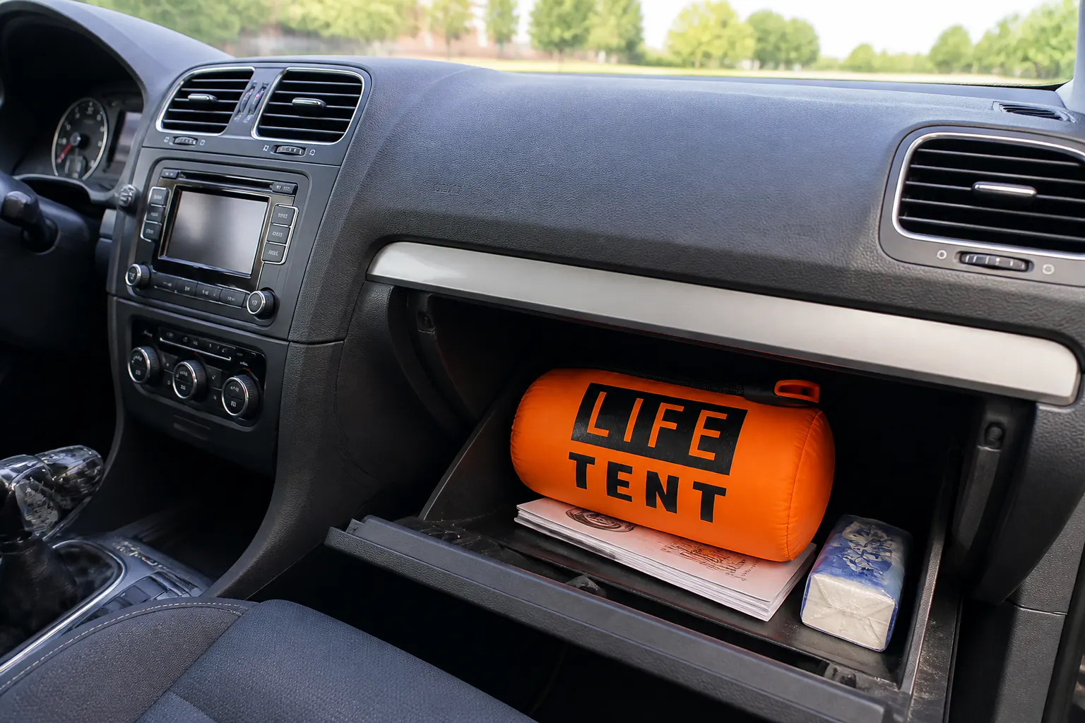 Shelter pouches tucked into a car trunk and glovebox