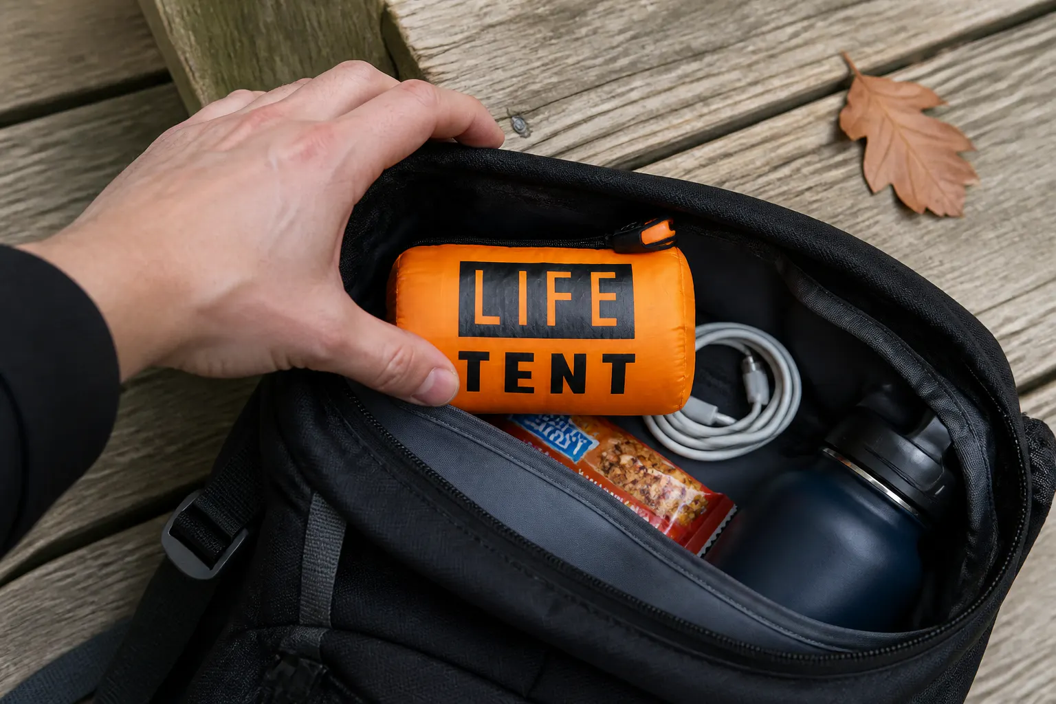 Shelter pouch in a hiking pack