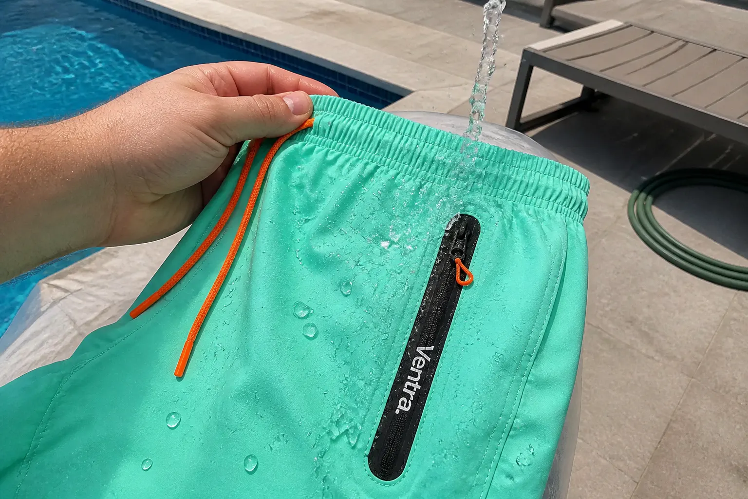 Wet gym short beside a dry Ventra trunk