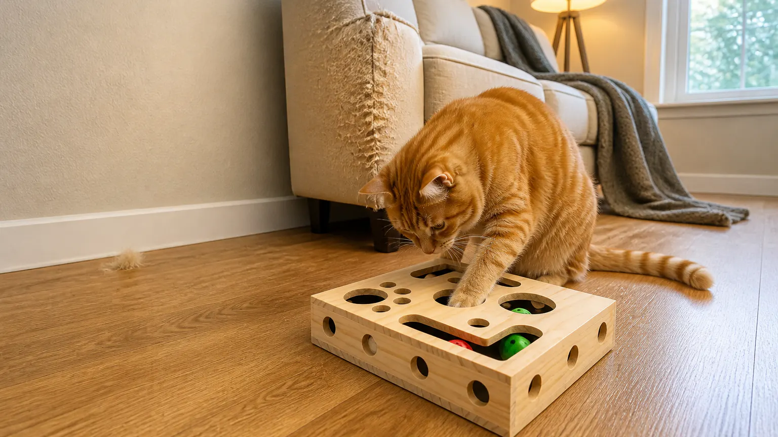 Cat reaching a paw into the solid wood nail-filing box on a living room floor