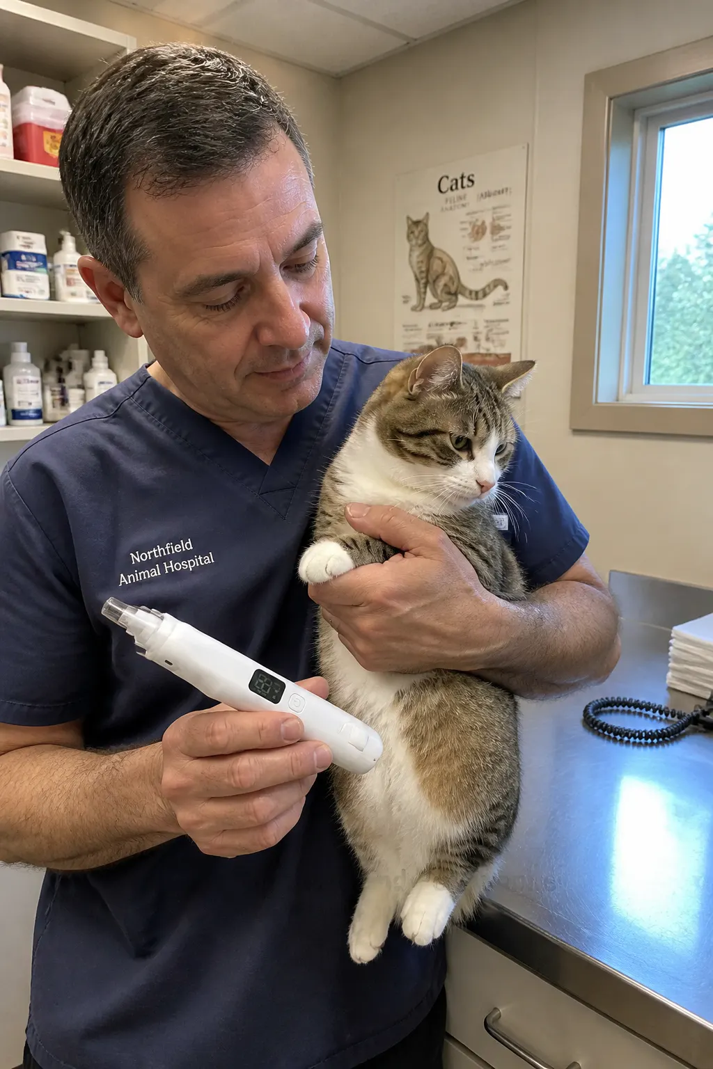 Veterinarian holding a pet nail trimmer with a calm dog
