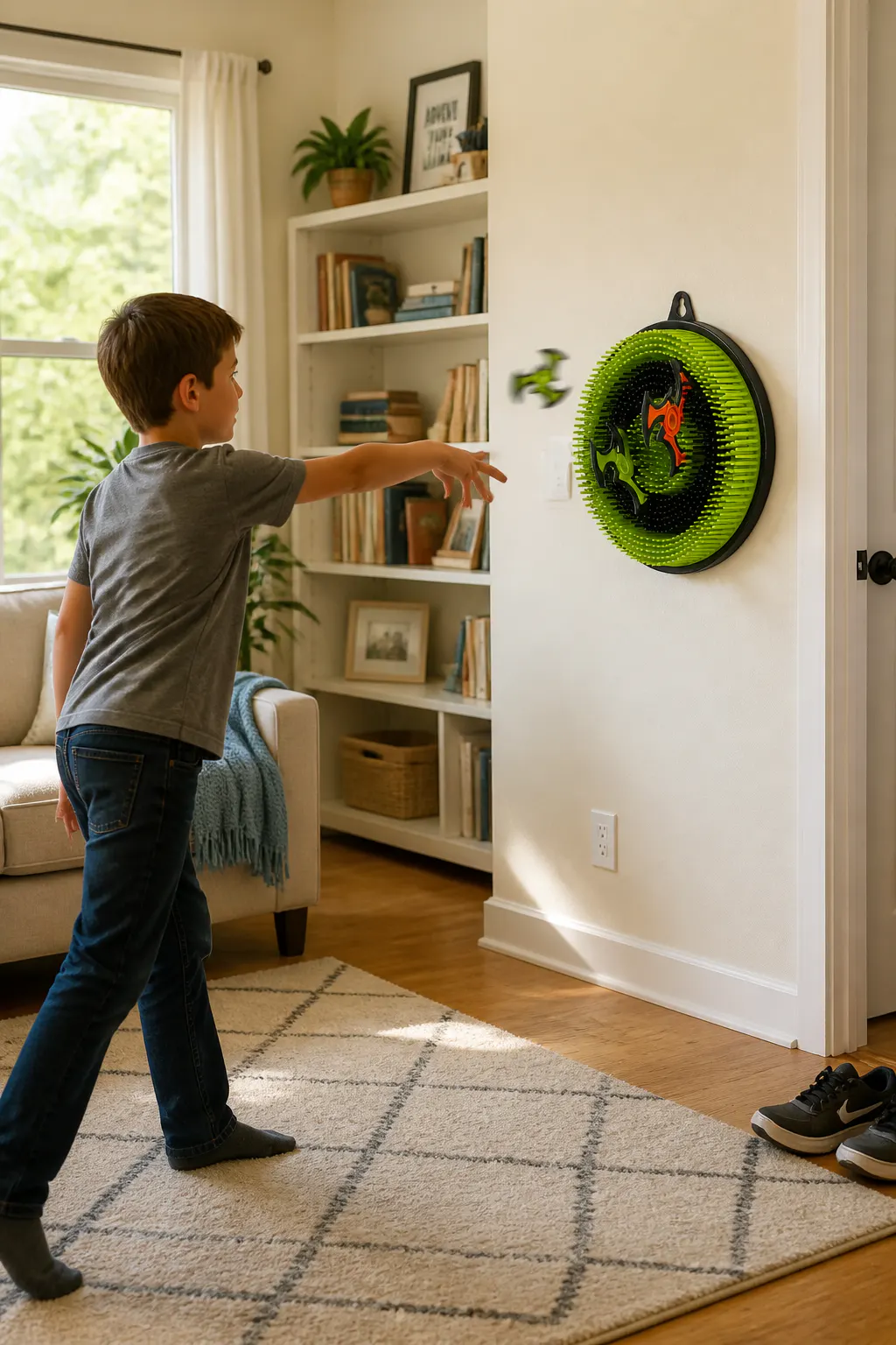 Child throwing a foam axe that stuck into the target