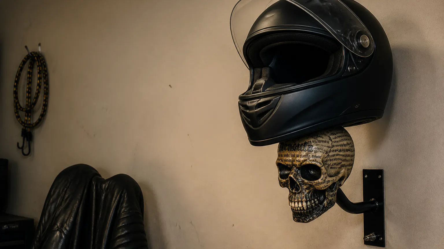 Skull helmet mount displaying a motorcycle helmet on a garage wall