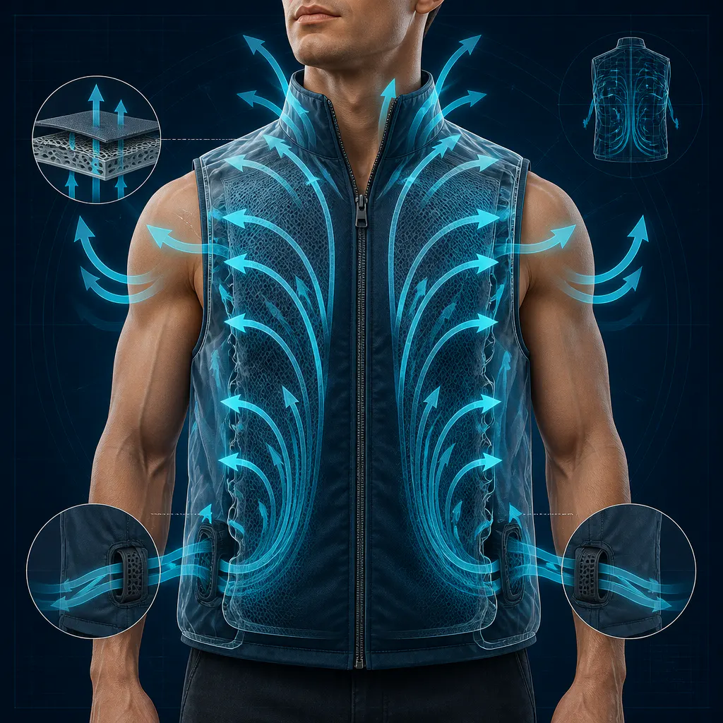 Cross-section of the cooling vest showing air pulled in at the back fans and rushing out across the torso