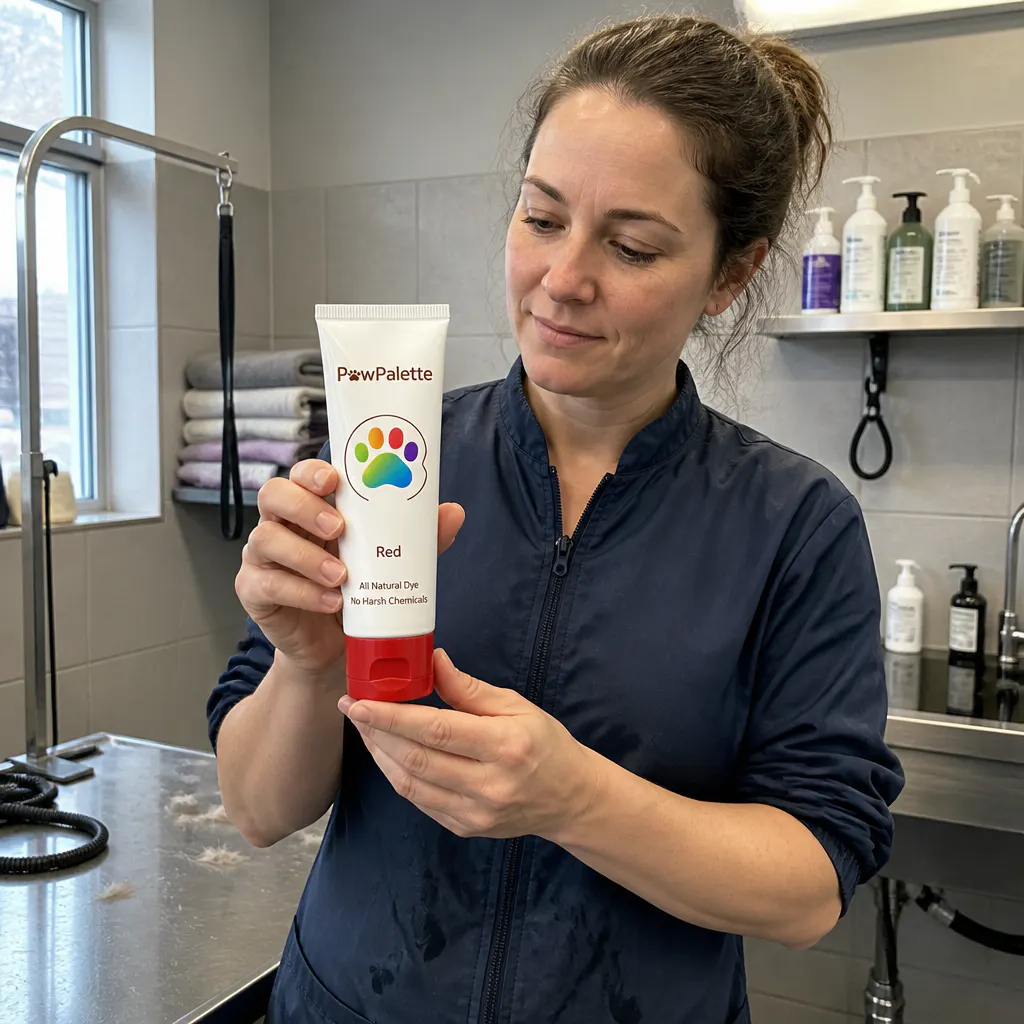 A professional dog groomer holding the PawTint tubes beside a calm dog on a grooming table