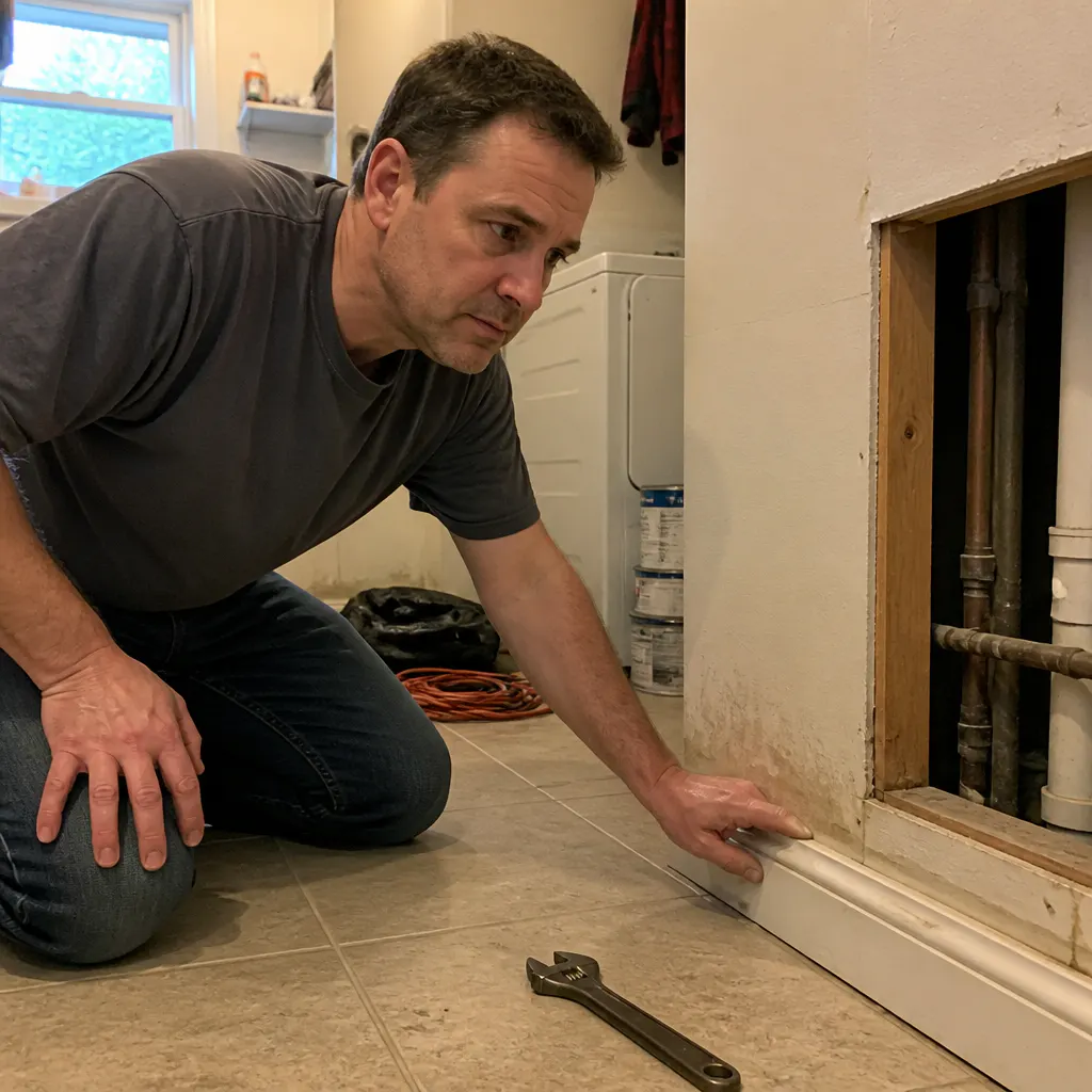 Hand holding a phone showing a clear HD image of a dark wall cavity, inspection camera cable coiled below