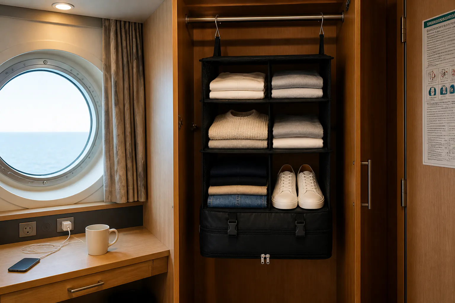 The organizer hung in a compact cruise cabin closet next to the bed
