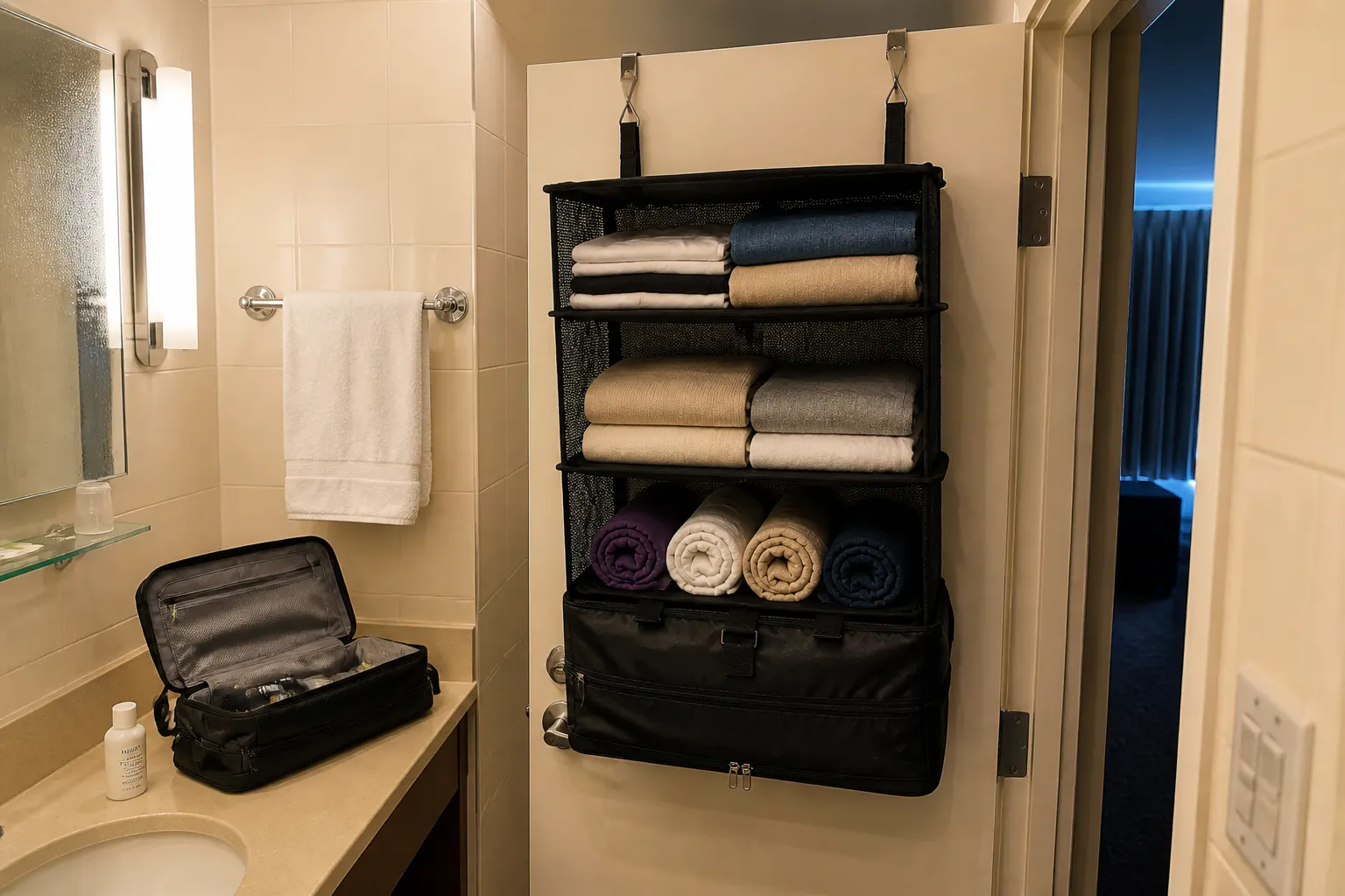 The organizer hanging over the back of a cramped hotel room door