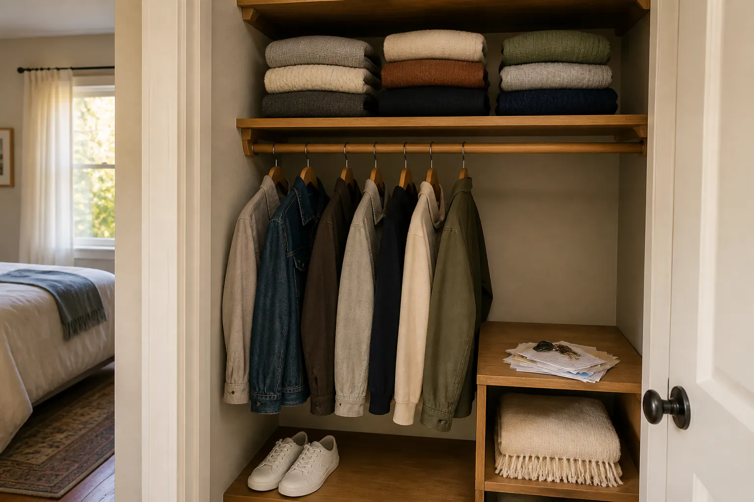The organizer hung in a home guest closet keeping a visiting stay tidy