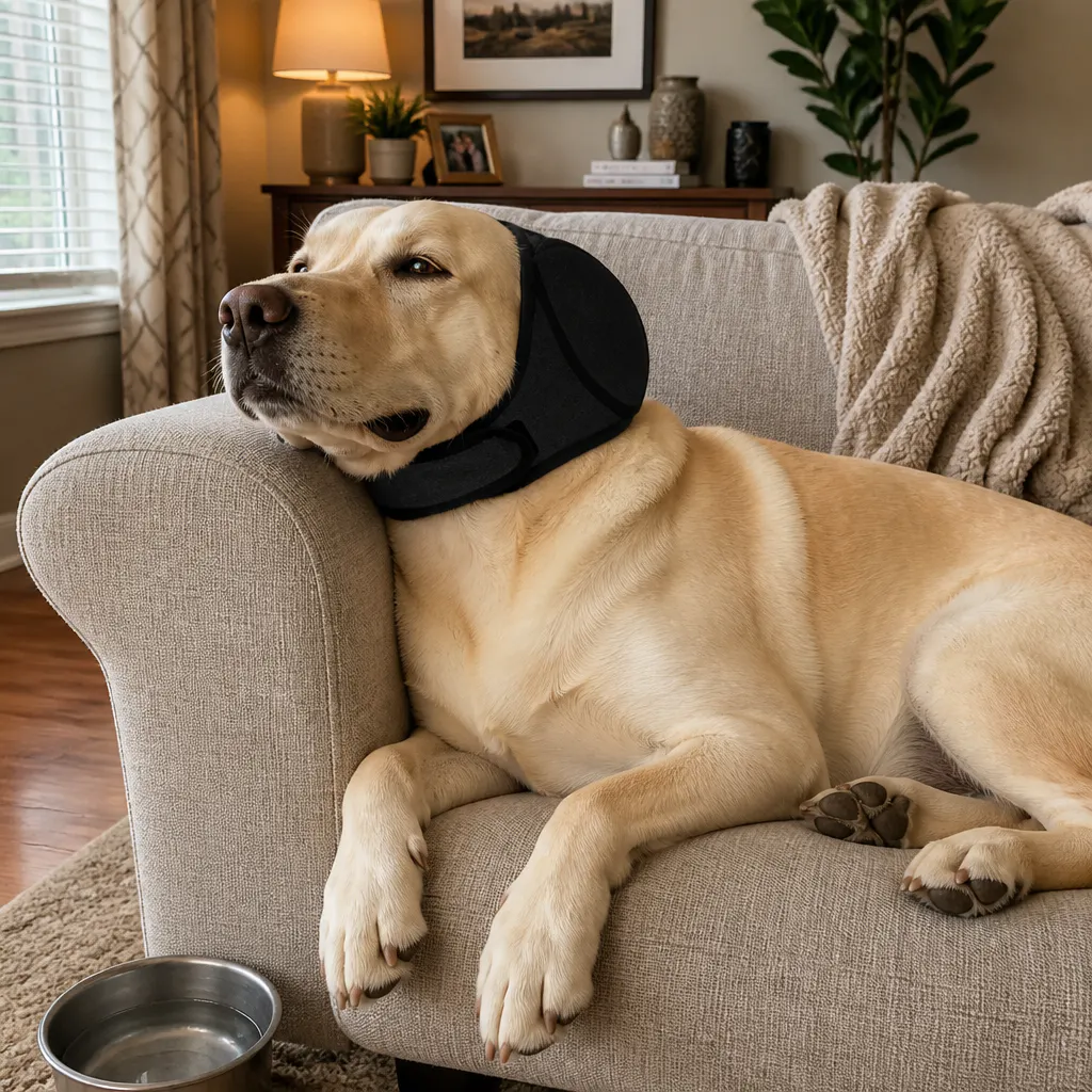 Calm dog resting in the ear muffs