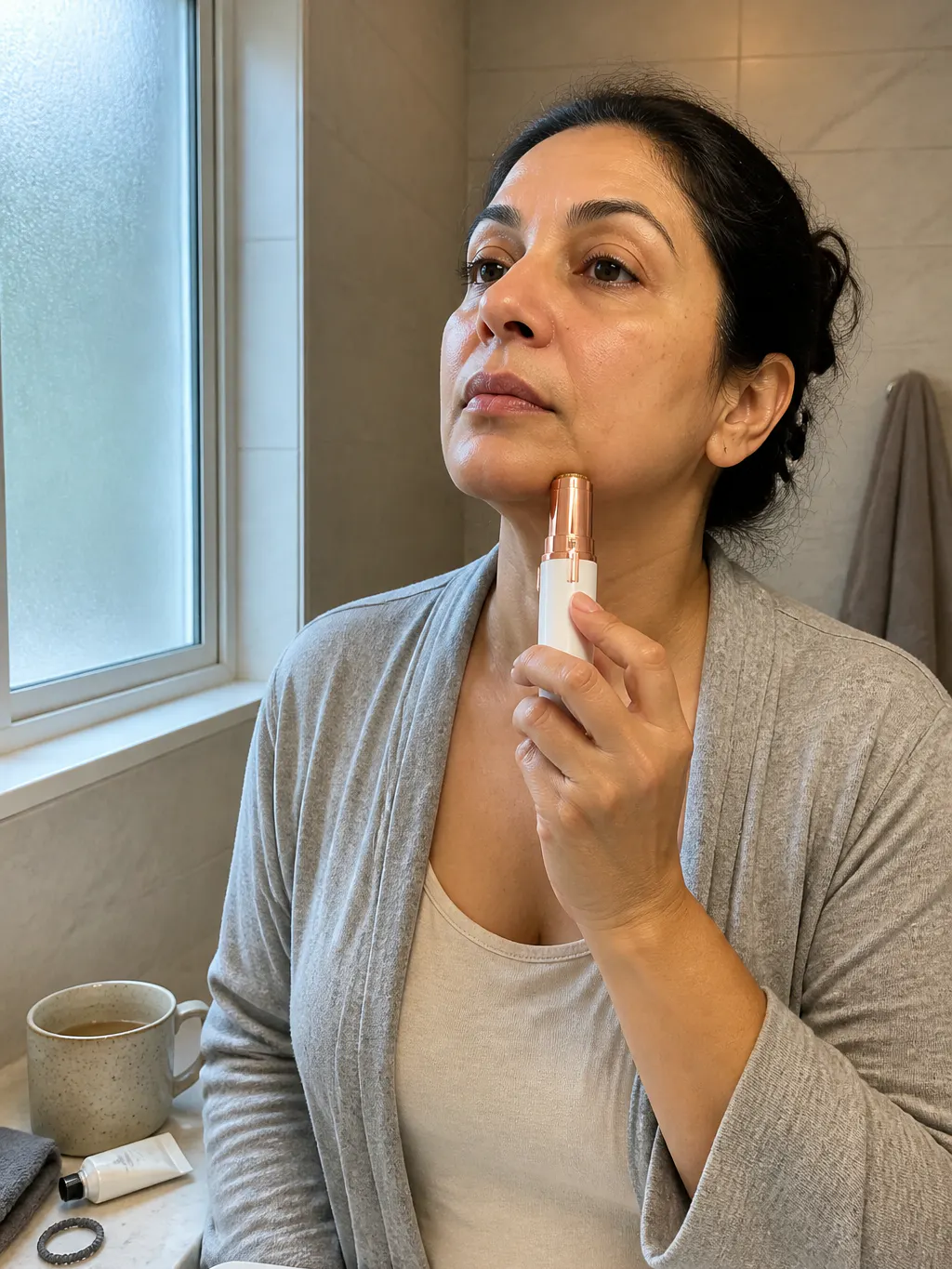Rose-gold trimmer head resting flat against skin in morning light