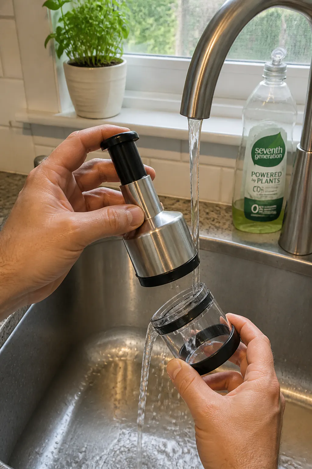 Rinsing the few parts of the chopper under a tap