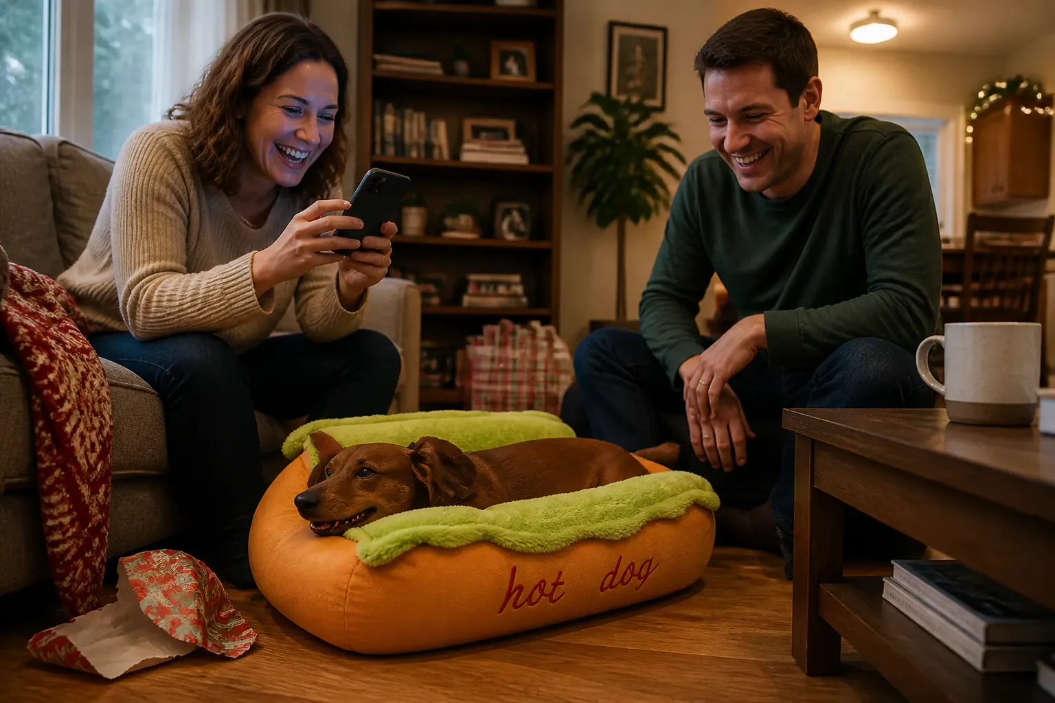 A pet curled in the hot dog bed while friends laugh and film
