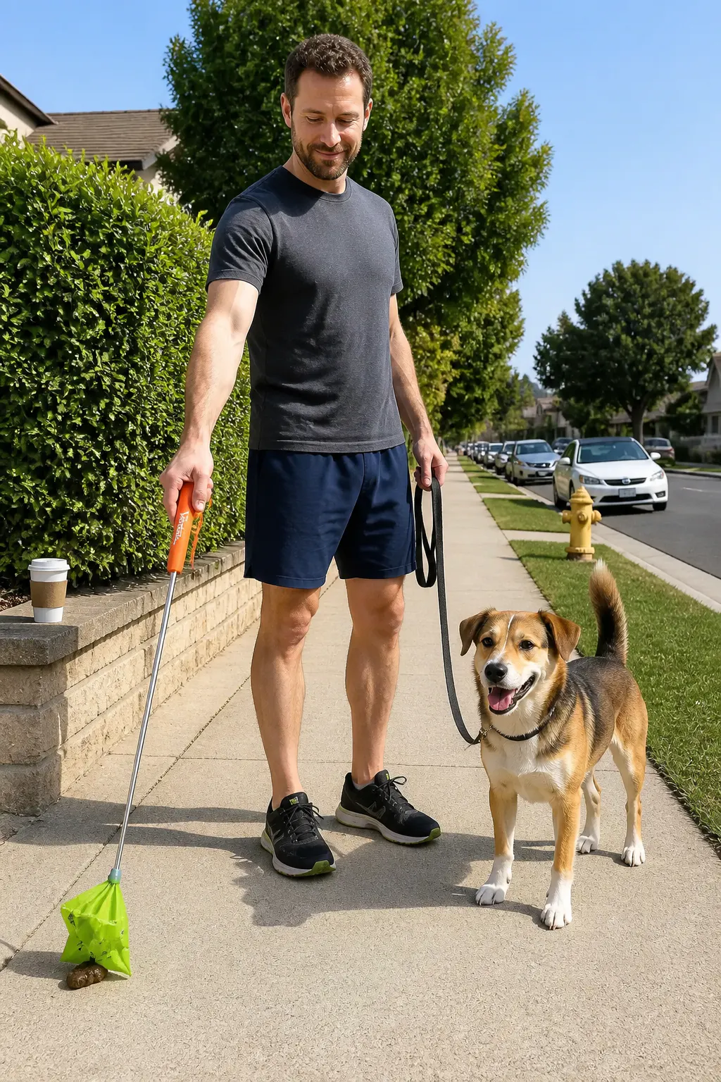 Dog owner standing upright catching dog waste hands-free with the Ventra steel scooper on a walk