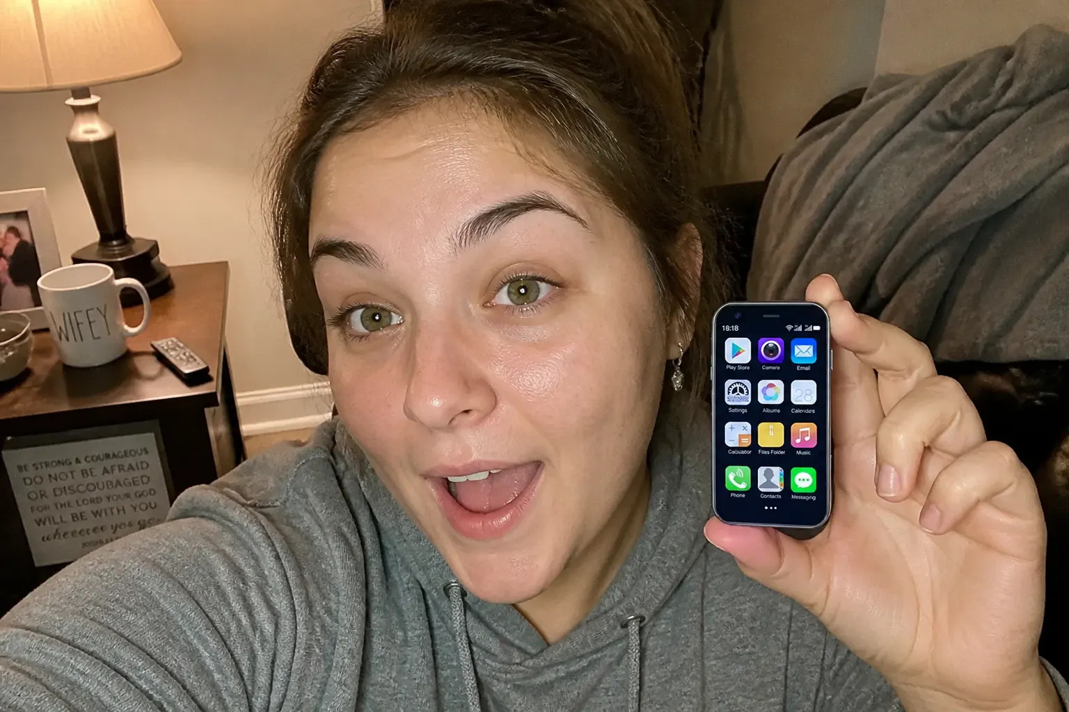 Child using the tiny Ventra phone