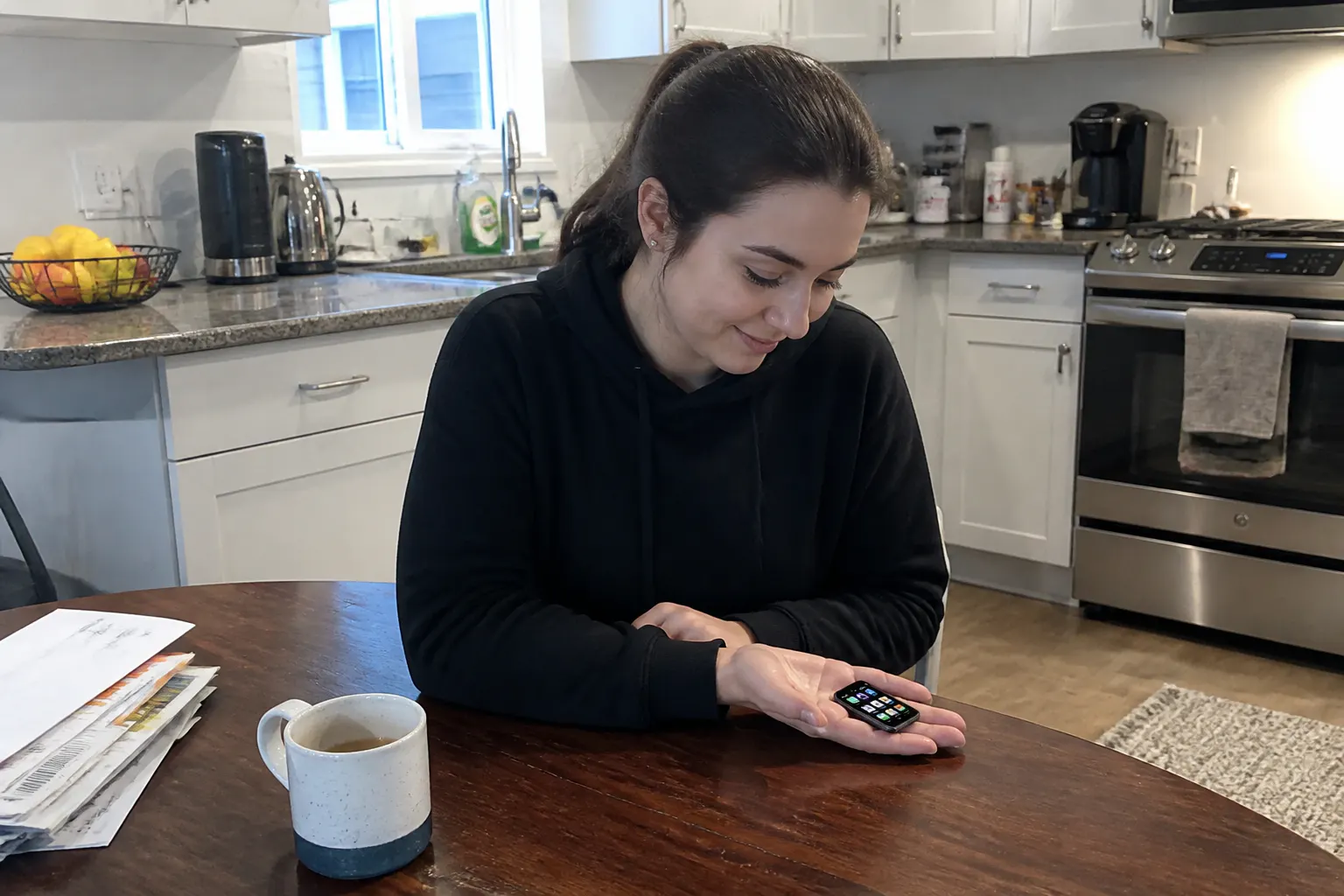 Recipient holding the tiny Ventra phone