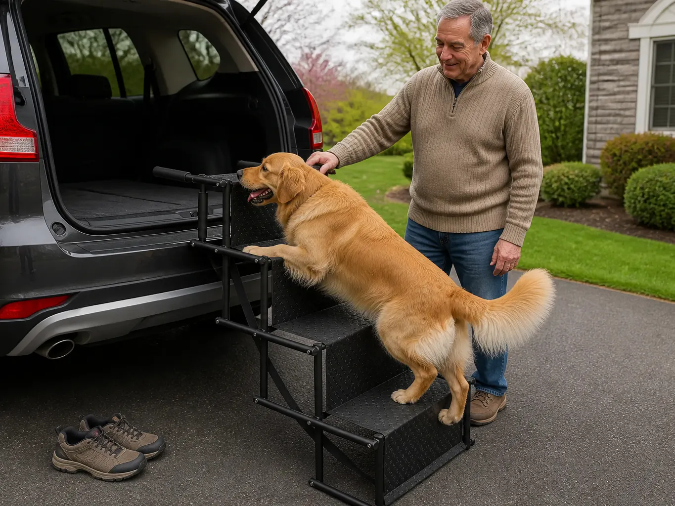 Dog calmly climbing the four nonslip steps into the car