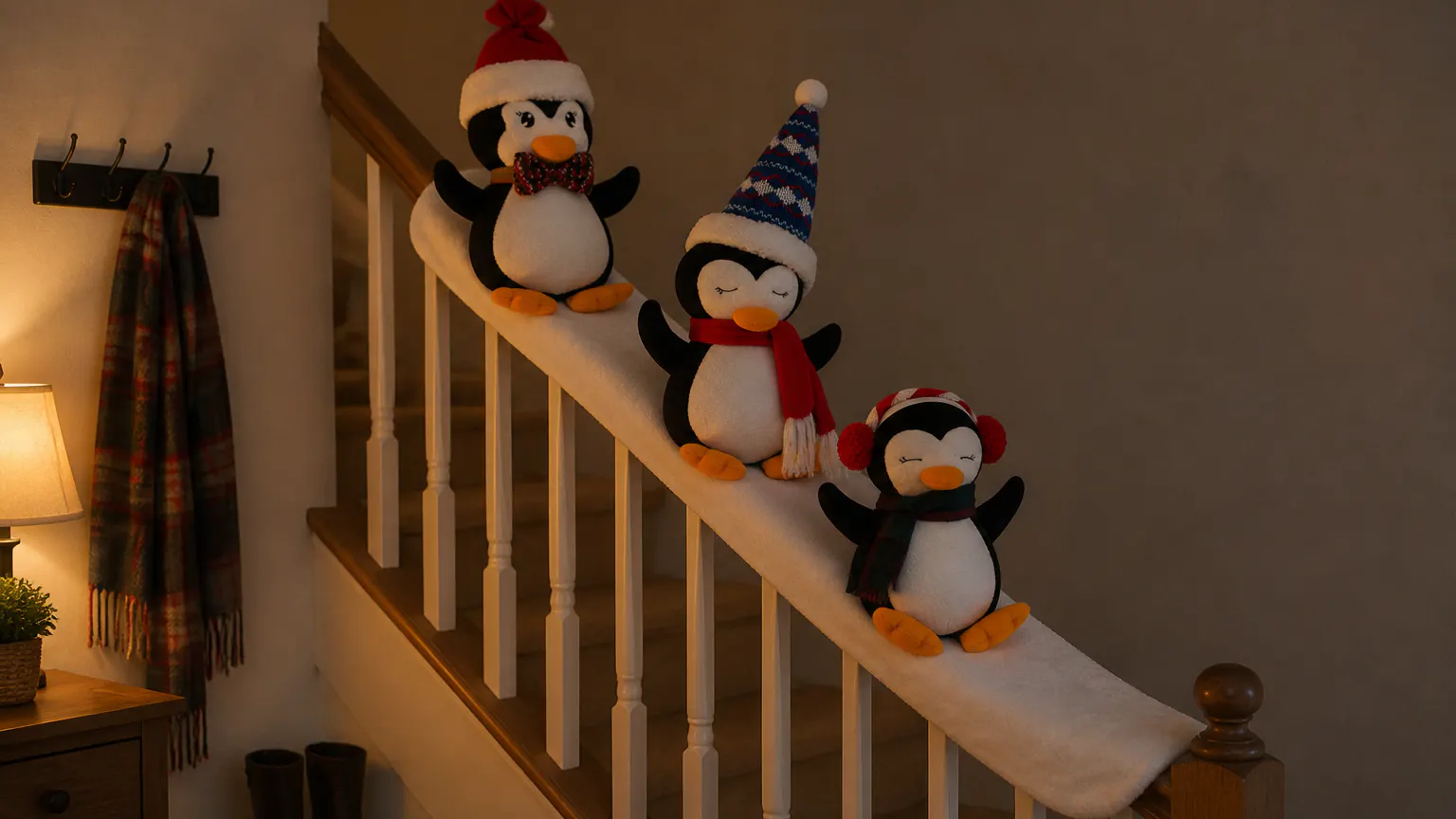 Ventra penguins on the snow slide at night, staircase garland lit