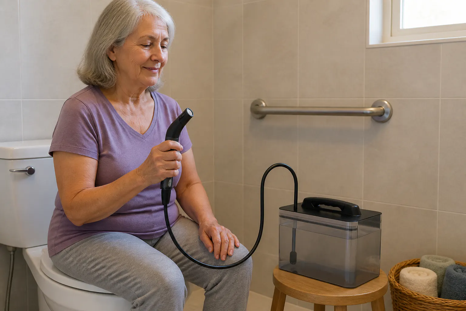Person using the bidet one-handed at home
