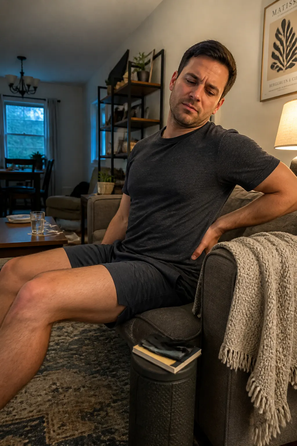 A foam roller sitting untouched in the corner of a lived-in living room