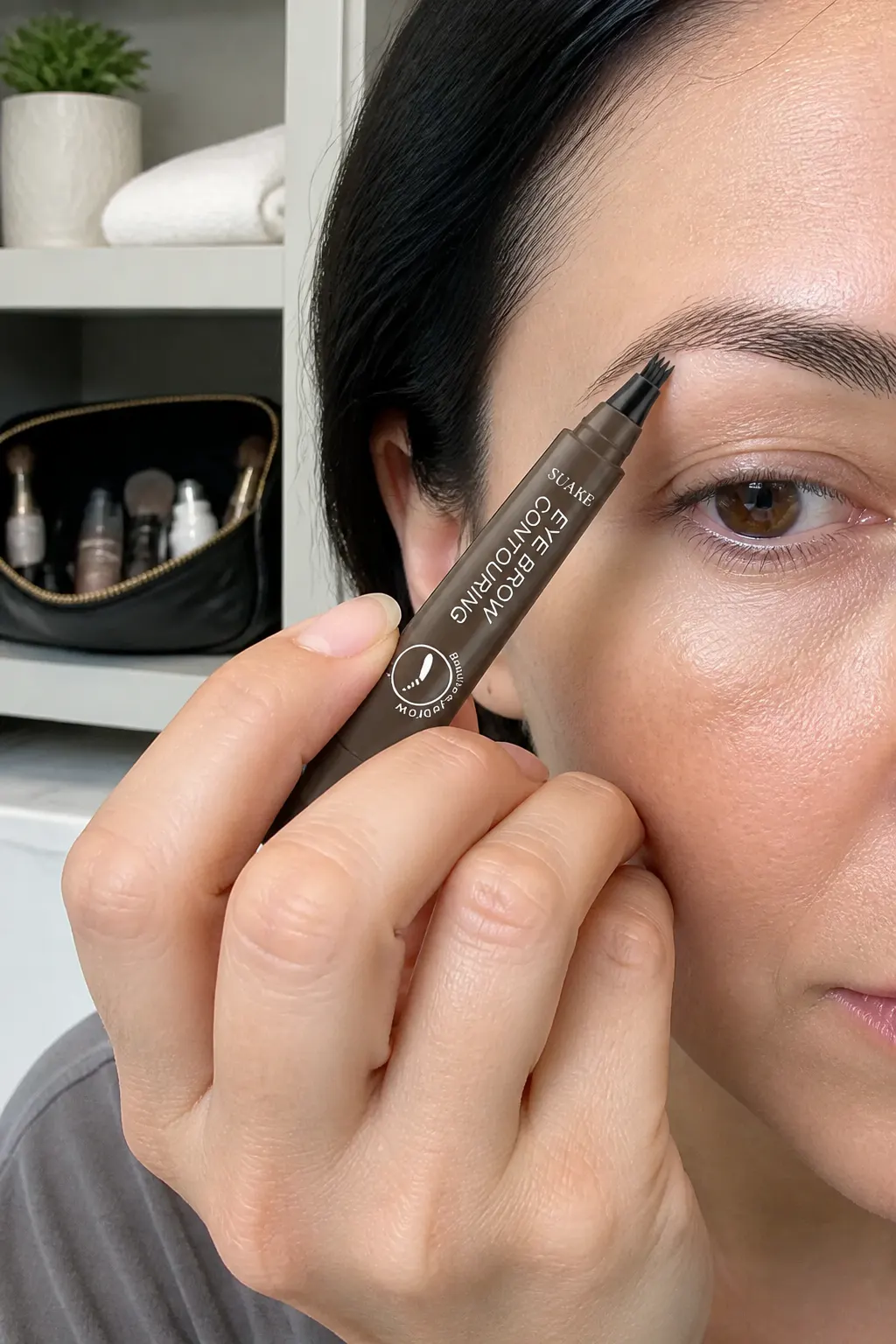 Four-pronged microblading pen flicking hair-like strokes across a brow