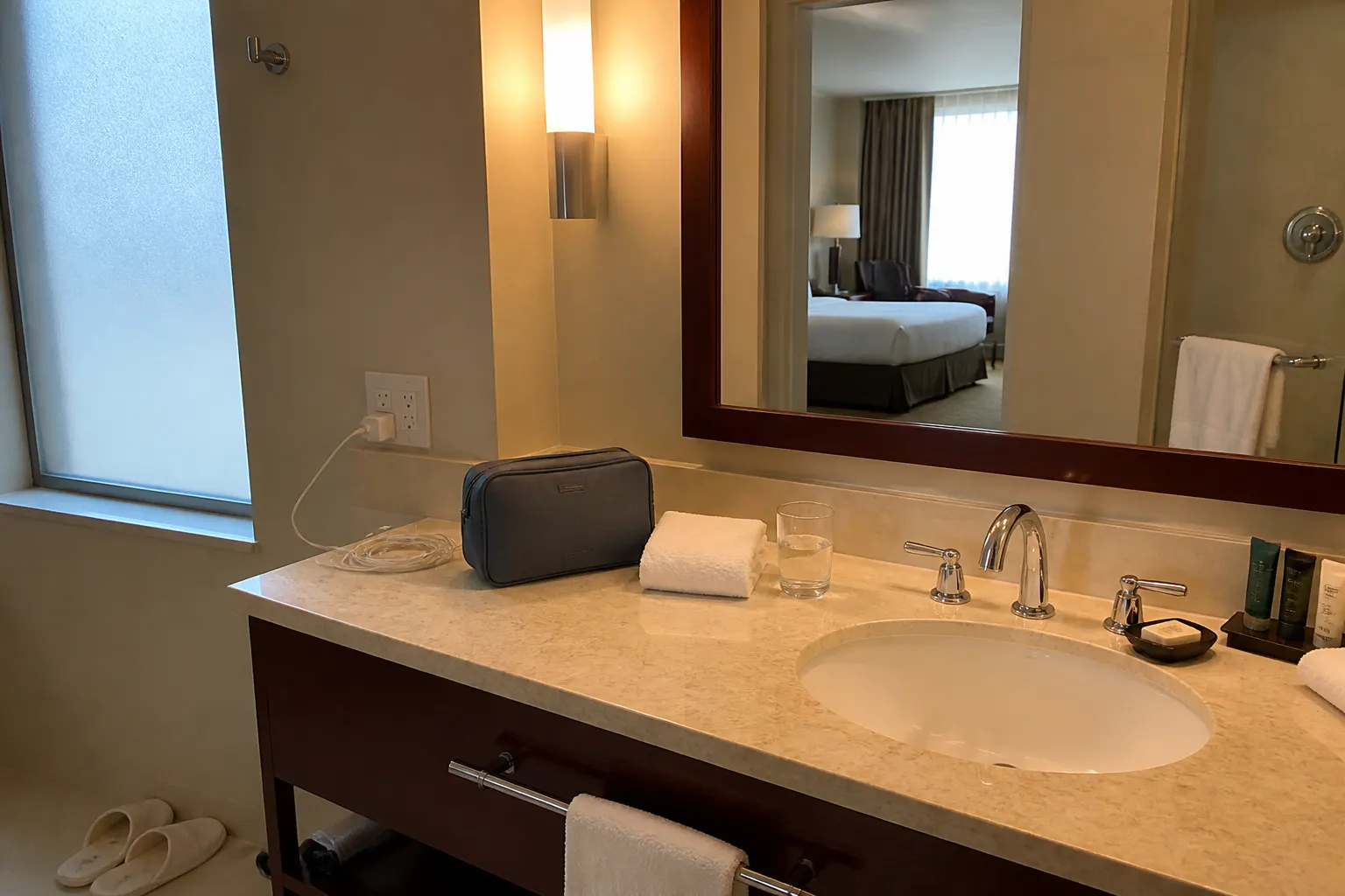 A traveler walking out of a clean bathroom, at ease
