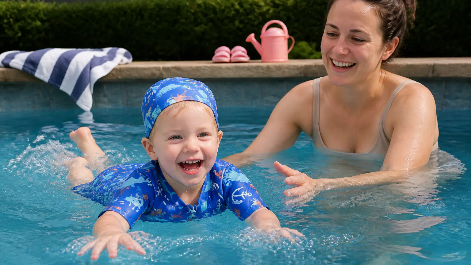 Child floating flat and chest-down in a float suit while a parent stands at arm's reach