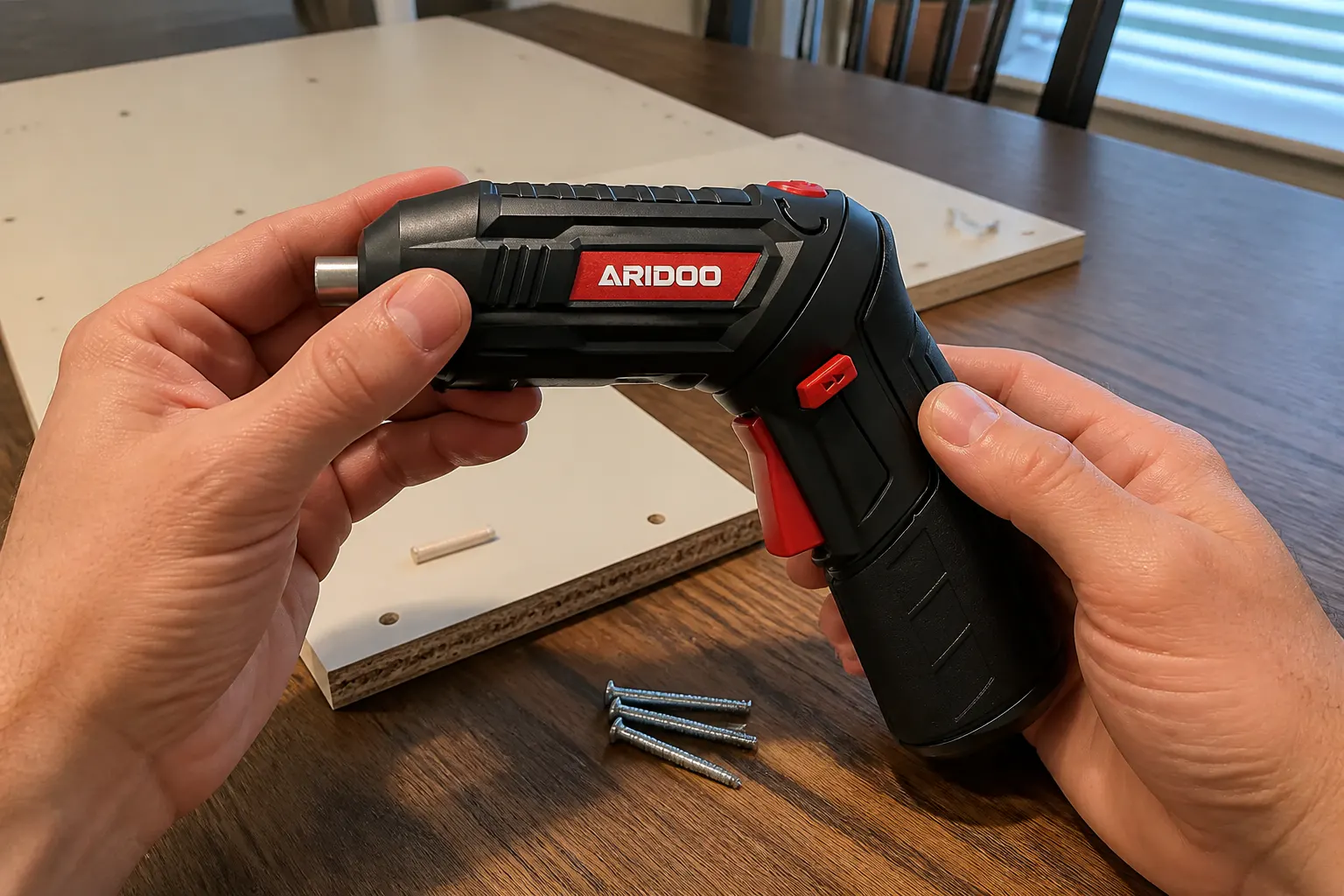 Ventra folded into pistol grip driving a furniture screw downward