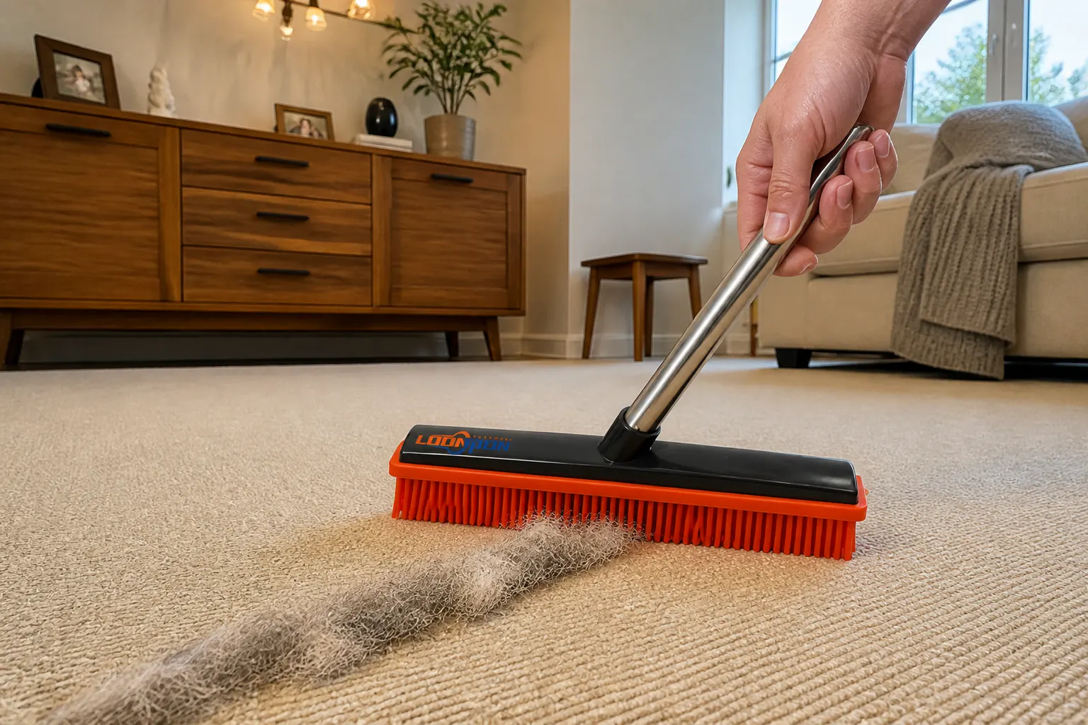 Ventra rubber bristles raking fine fur from carpet