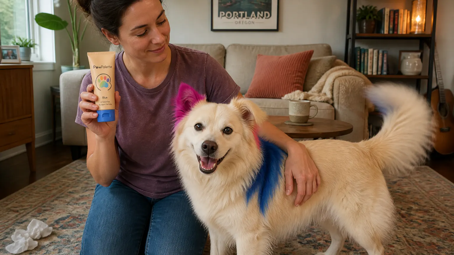 A light-coated dog with brightly colored paws at home