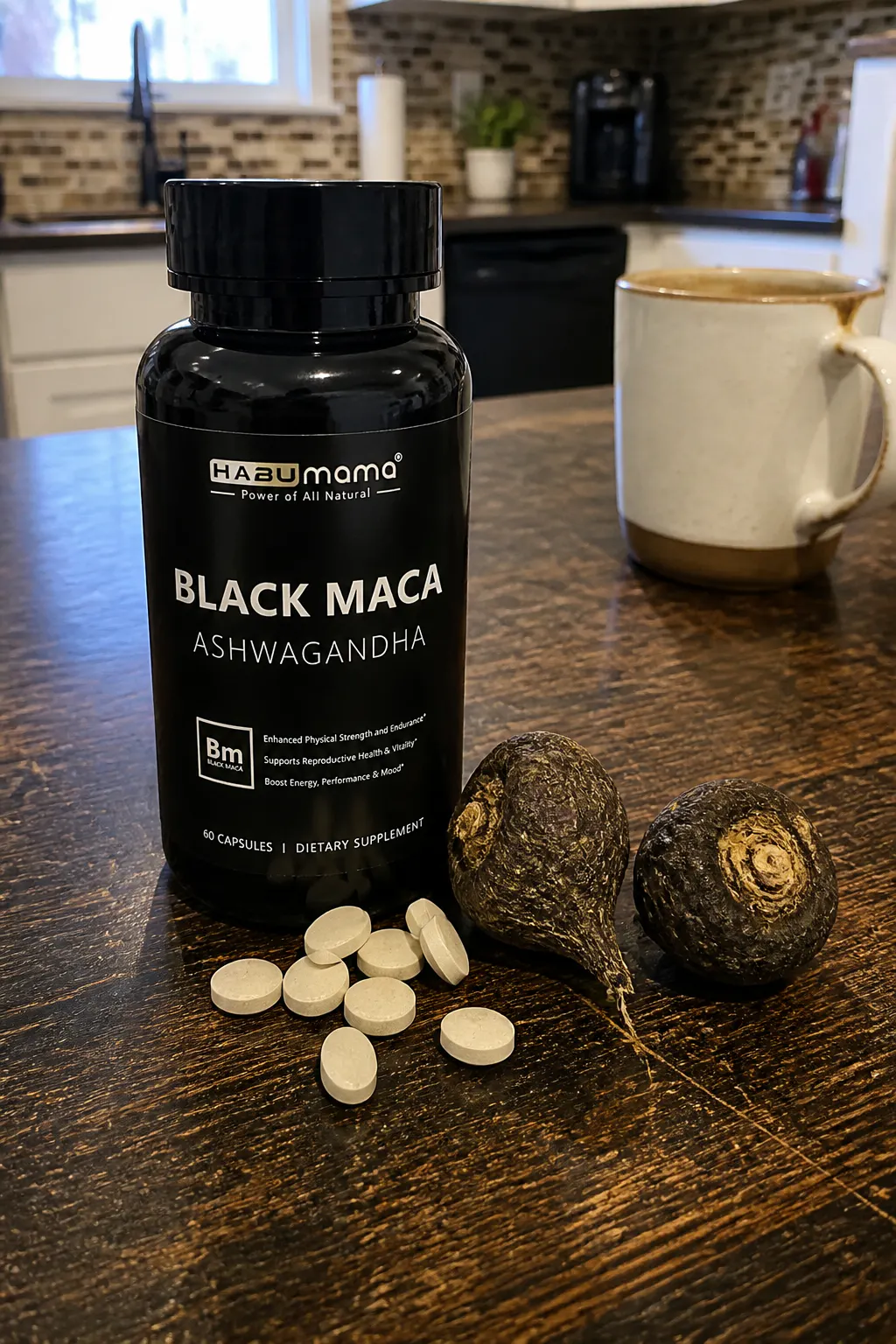 Black maca root and capsules
