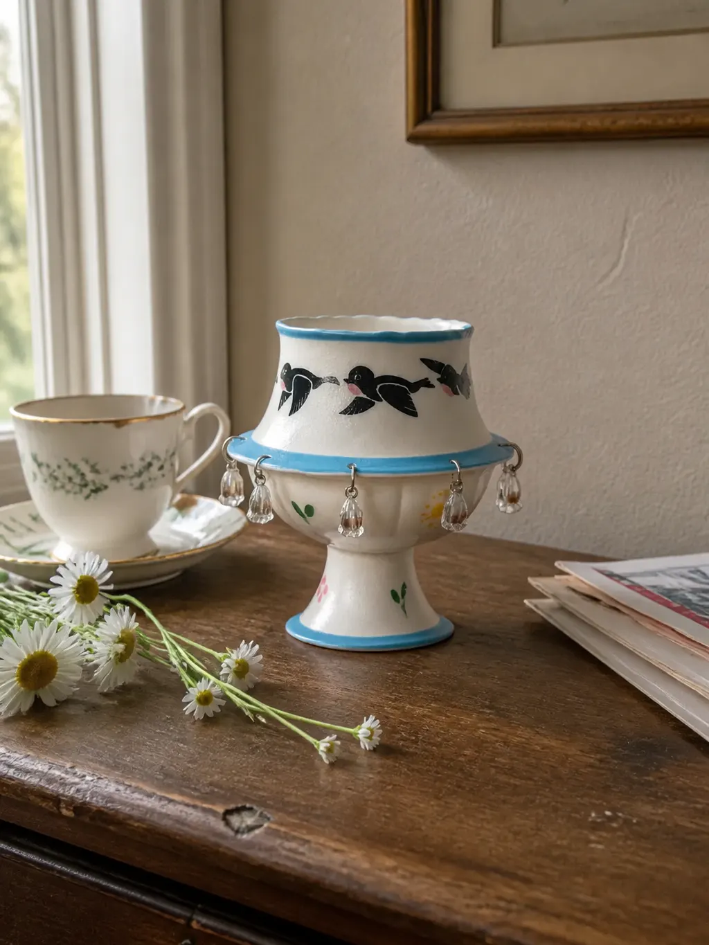 Hand-finished ceramic pedestal cup styled on a wooden console with a teacup and loose stems