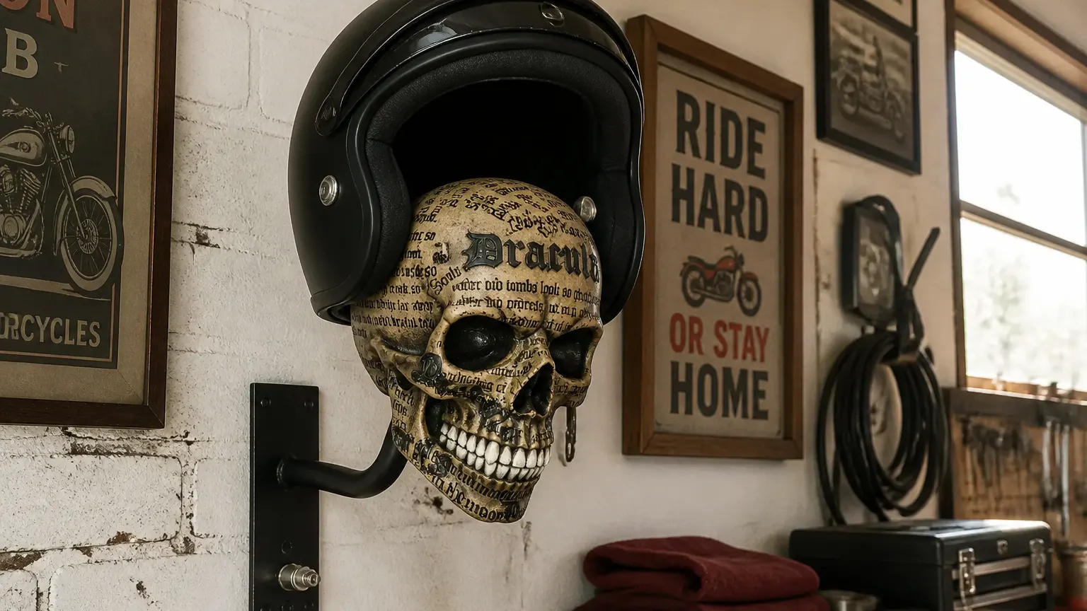 The skull helmet mount displayed as the centerpiece of a styled garage wall