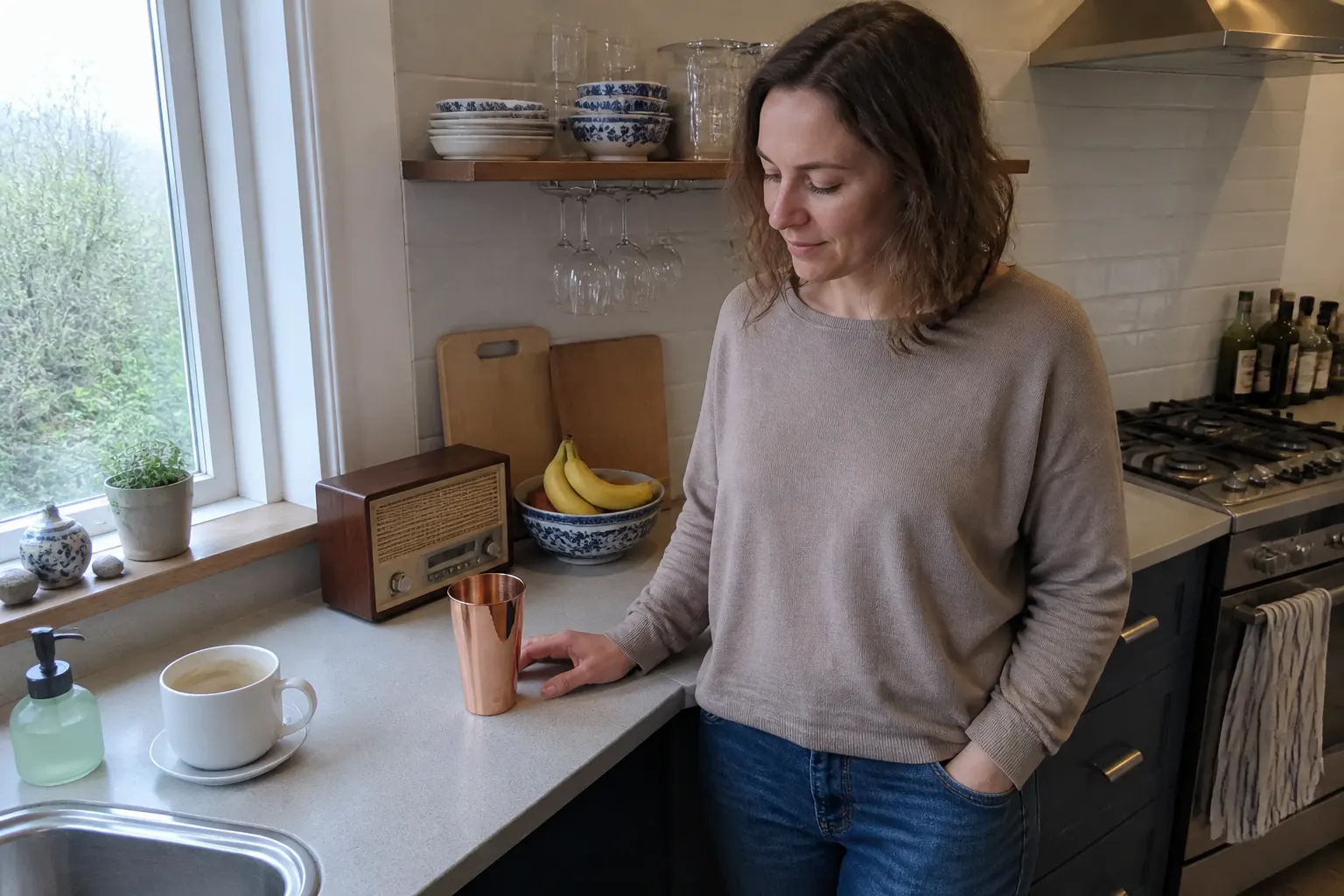 Hands holding a copper cup in a kitchen