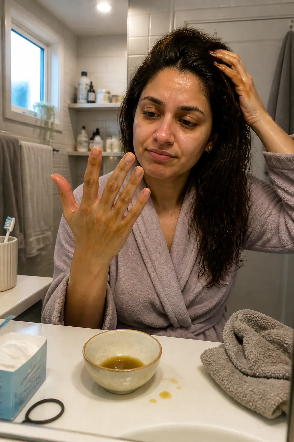 Ball-tips dispensing oil at a hair parting with clean dry hands