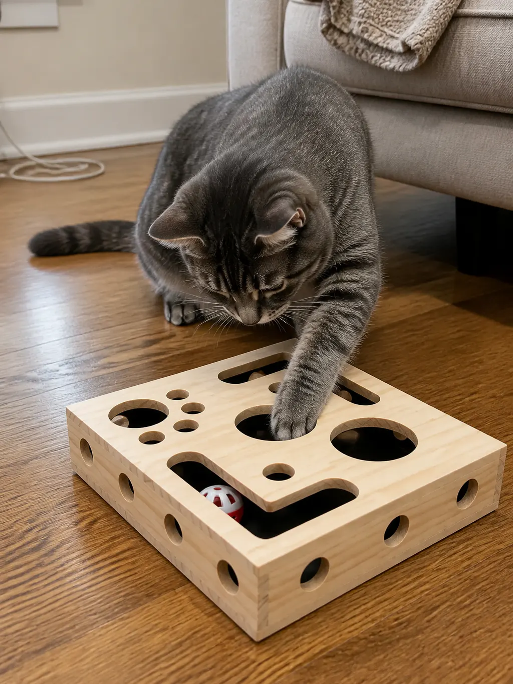 Close-up of a cat paw reaching into the aperture with the bell ball visible inside the channel
